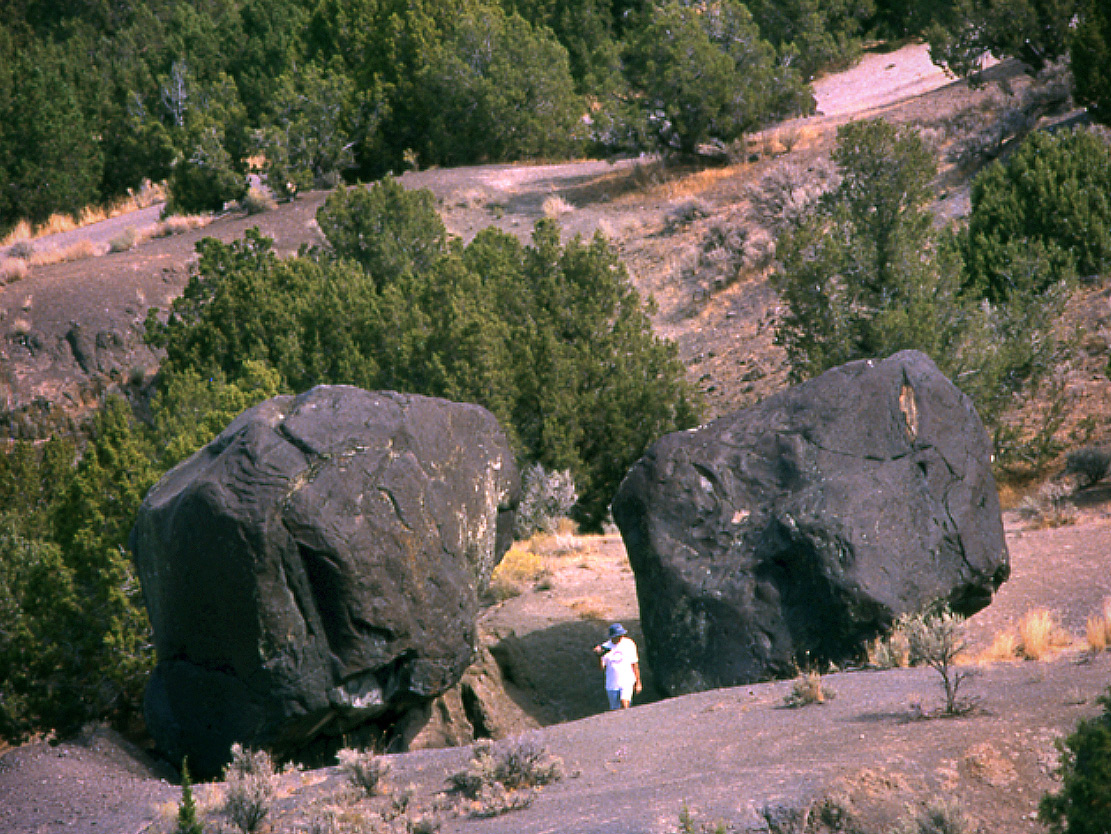 Figure 10. Two massive flood transported boulders testify to the almost inconceivable power of the Great Bonneville Flood currents. Photo by Randall.