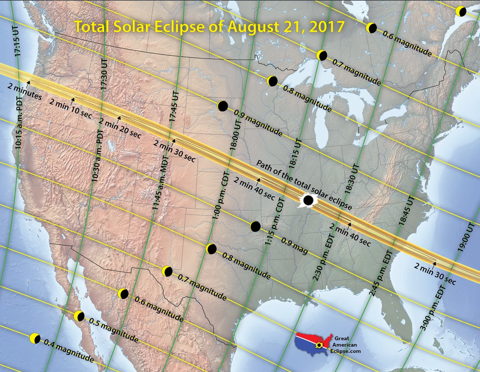 The total solar eclipse of 2017's path of totality, stretching from Oregon to South Carolina.
Credit: Michael Zeiler, GreatAmericanEclipse.com